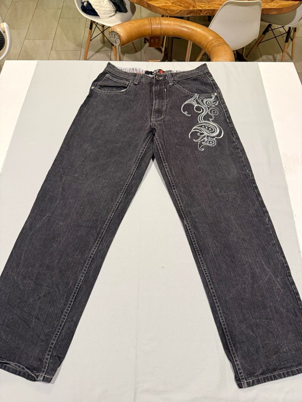 LOT 29 Mens Black Dark Wash Straight Leg Baggy Fit Embroidered Logo Jeans W34